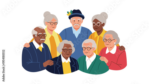 Diverse group of smiling senior men and women of various ethnicities stand together representing a healthy and happy retirement community.