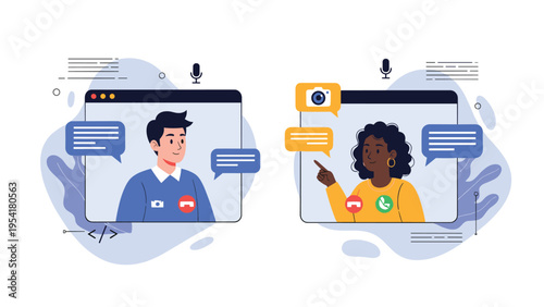 Man and woman communicate with each other through separate digital video call screens with chat bubbles and interactive technology icons.