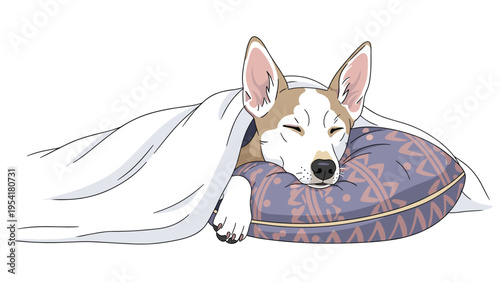 Adorable small dog sleeps peacefully on a soft patterned pillow while tucked under a cozy white blanket in a quiet room.