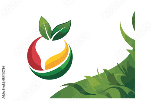 Abstract organic fruit logo with green leaves and colorful swish shapes representing healthy food growth and freshness for brand identity