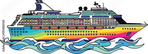 Colorful Cruise Ship Sailing on Ocean Waves Vector Illustration