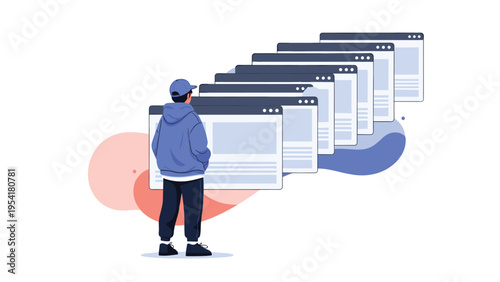 Person wearing a blue hoodie stands in front of multiple open web browser windows representing internet multitasking tasks.