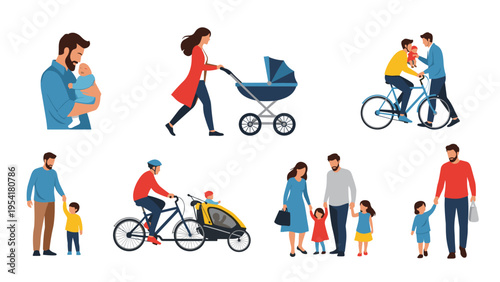 Diverse collection of modern family groups including fathers with babies, cycling parents, and traditional walking groups.