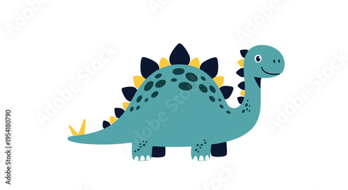Cute teal stegosaurus dinosaur with dark and yellow plates on its back standing and smiling on a plain white background.