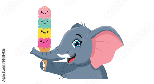 Cute grey elephant character holding a tall cone with four scoops of colorful smiling ice cream on a white background.