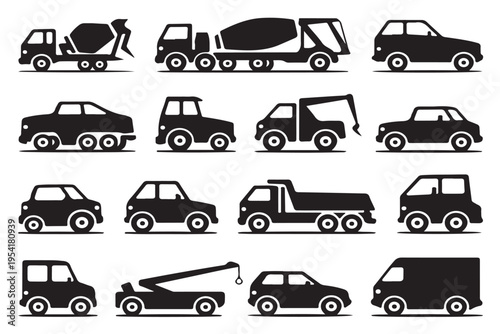 Set of silhouettes different cars for web and mobile applications, truck tractor, cement mixer, wrecker, delivery van