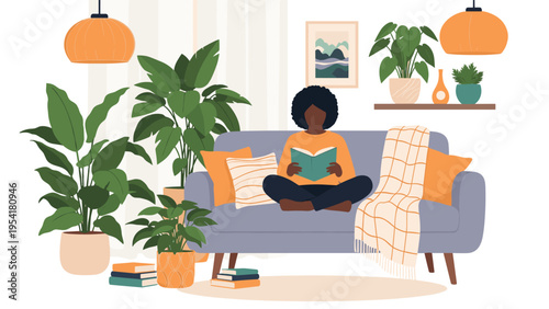 Young woman with curly hair sits on a couch reading a book in a peaceful room filled with many lush green indoor plants.