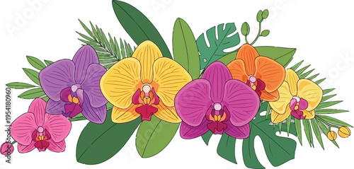 Tropical Orchid Flower Arrangement with Green Leaves Vector Illustration