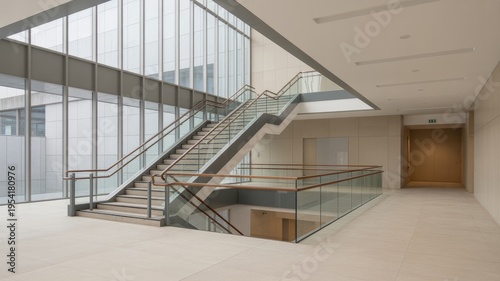 A modern staircase with glass railings in a spacious interior with large windows