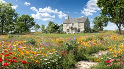 Idyllic stone cottage stands prominently behind a vibrant meadow teeming with colorful blossoms under a bright sky.