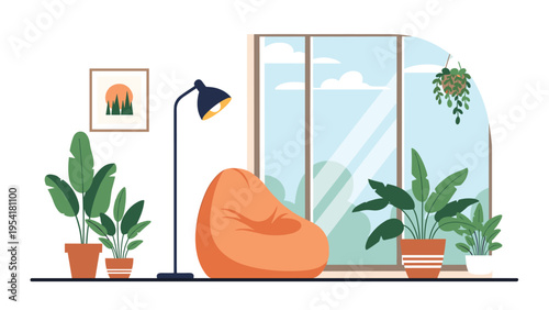 Cozy interior space features a comfortable orange beanbag chair surrounded by many potted green plants near a window.