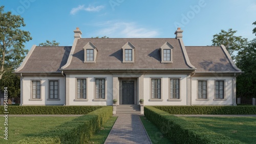 A large white house with a gray roof and well-manicured lawn and hedges