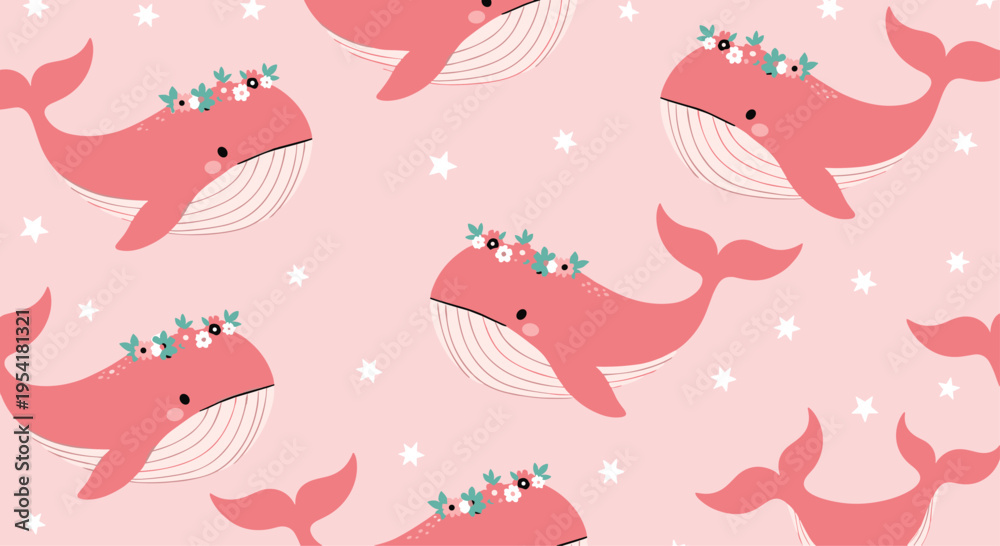 Fototapeta premium Cute seamless pattern of pink whales wearing flower crowns swimming among white stars on a light pink background.