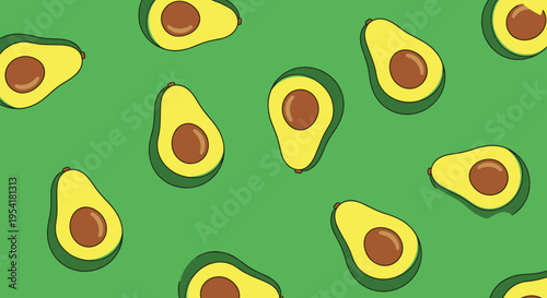Seamless pattern of sliced avocado halves with pits scattered over a vibrant solid green background for design.