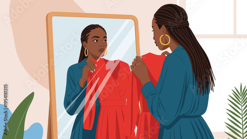 Young woman with braids looks at her reflection in a full length mirror while choosing a red dress for a special event.