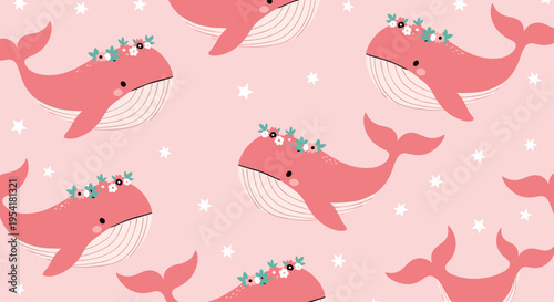 Cute seamless pattern of pink whales wearing flower crowns swimming among white stars on a light pink background.