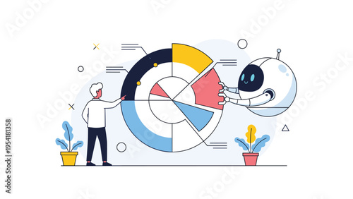 Professional man and a smart robot work together to analyze a circular data chart representing business statistics.