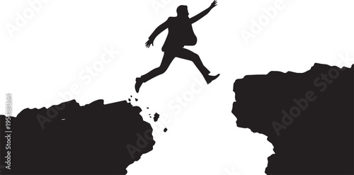 Silhouette of Businessman Jumping Over the Chasm Between Two Cliffs