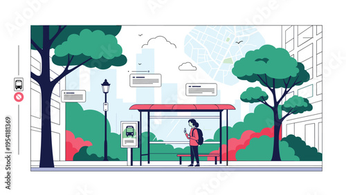 Young woman with a backpack waits for her transport at a modern bus stop located in a green urban city park scene.