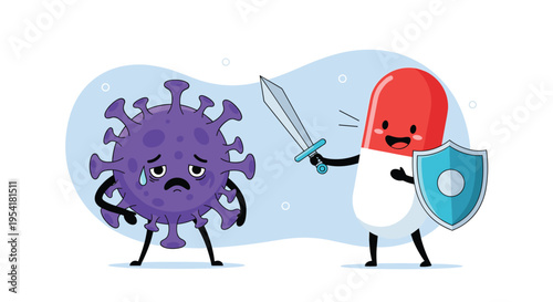 Brave red and white pill character fighting a sad purple virus using a sword and shield on a blue background.