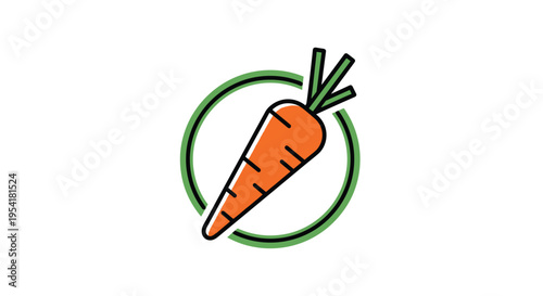 Simple carrot icon illustration with green leaves enclosed in a green circle on a clean white background.