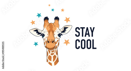 Stylish giraffe head with stay cool text surrounded by colorful stars on a plain white background.