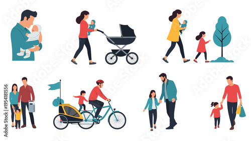 Diverse set of illustrations showing parents and children engaged in various outdoor activities like walking and cycling.