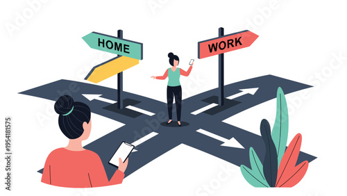 Young woman standing at a street crossroads between directional signs pointing towards home and work while holding a phone.