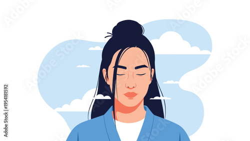 Serene portrait of a young woman with her eyes closed and a peaceful expression against a blue sky with soft white clouds.