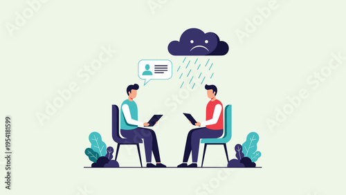 Job interview scene showing a recruiter and a nervous candidate with a sad rain cloud icon hovering above his head.
