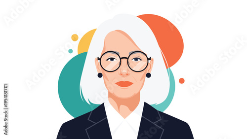 Professional portrait of a sophisticated senior woman with white hair wearing round black glasses and a dark suit.