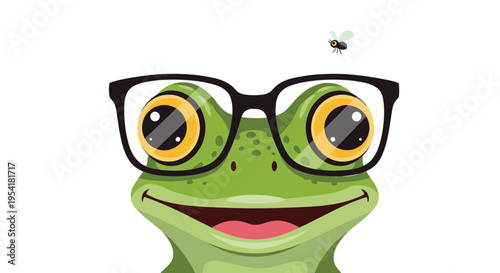 Humorous frog face wearing black-rimmed glasses looking up at a small fly on a white background.