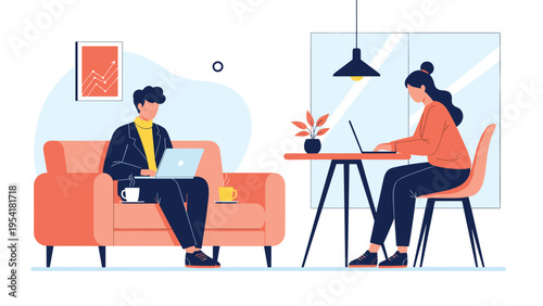 Professional man and woman working on their laptops in a modern coworking space with coffee and a large office window.