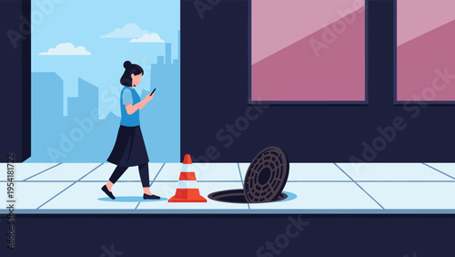 Distracted woman walking down a city street while looking at her smartphone and heading towards an open manhole.