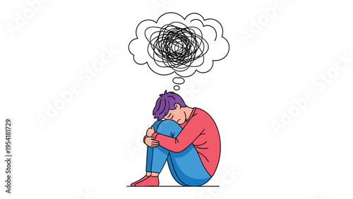 Depressed person sitting in a fetal position with a tangled mess of lines in a thought bubble representing anxiety.