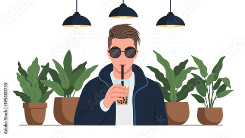 Cool young man wearing dark sunglasses and a blue jacket drinking bubble tea in a room filled with green plants.