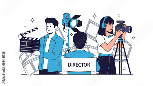 Professional film crew including a director, cinematographer, and clapperboard operator working on a movie production set.