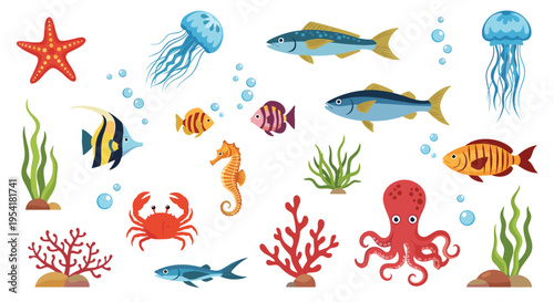 Extensive collection of colorful underwater creatures fish and coral reef elements on white.