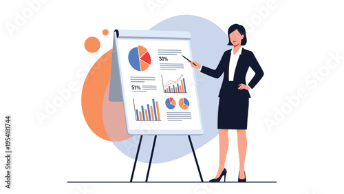 Professional businesswoman in a dark suit giving a presentation using a flipchart with various charts and graphs.
