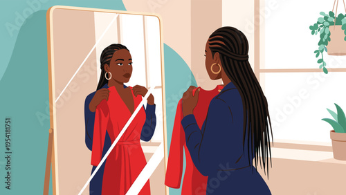Black woman with long braids trying on a bright red dress in front of a mirror in her bedroom or dressing room.