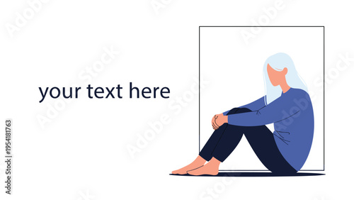 Sad woman with white hair sitting in a small square white box with space for your own custom text on the left side.