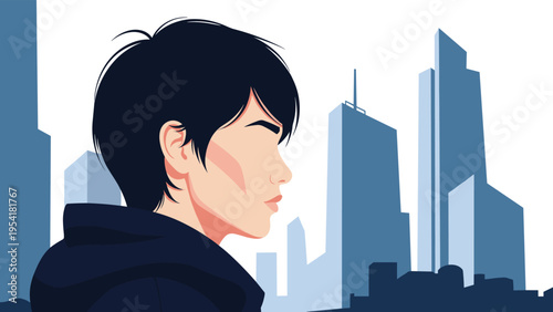 Side profile of a young woman with short black hair looking out at a modern city skyline with tall blue skyscrapers.
