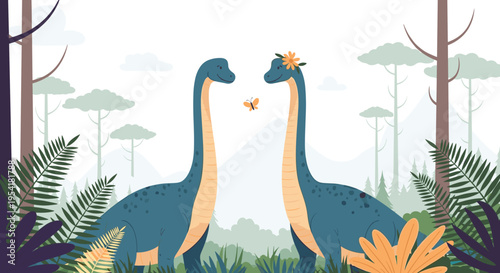 Two long-necked dinosaurs facing each other in a lush prehistoric forest with a small butterfly.
