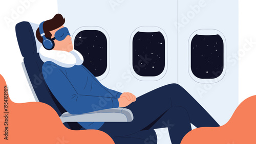Male passenger wearing noise-canceling headphones and a neck pillow sleeping comfortably in an airplane seat during a flight.