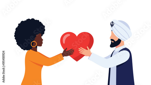 Diverse couple consisting of a Black woman and a Sikh man together holding a large red heart shape against a white background.