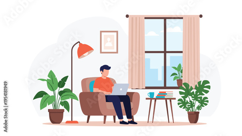 Young man sitting comfortably in an armchair working on his laptop in a cozy living room decorated with indoor green plants.