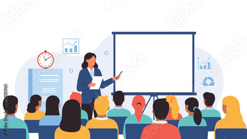 Businesswoman giving a professional presentation using a whiteboard to a diverse audience sitting in a seminar room or office.