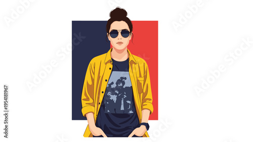 Stylish young woman wearing sunglasses and a yellow jacket posing confidently against a modern geometric background of red and blue.
