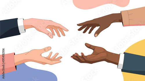 Four hands from diverse backgrounds reaching out towards each other to symbolize cooperation, teamwork, and human connection.