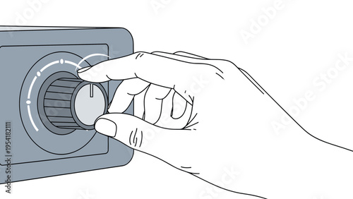 Human hand turning a rotary control dial or knob on an electronic device to adjust settings such as volume or temperature.
